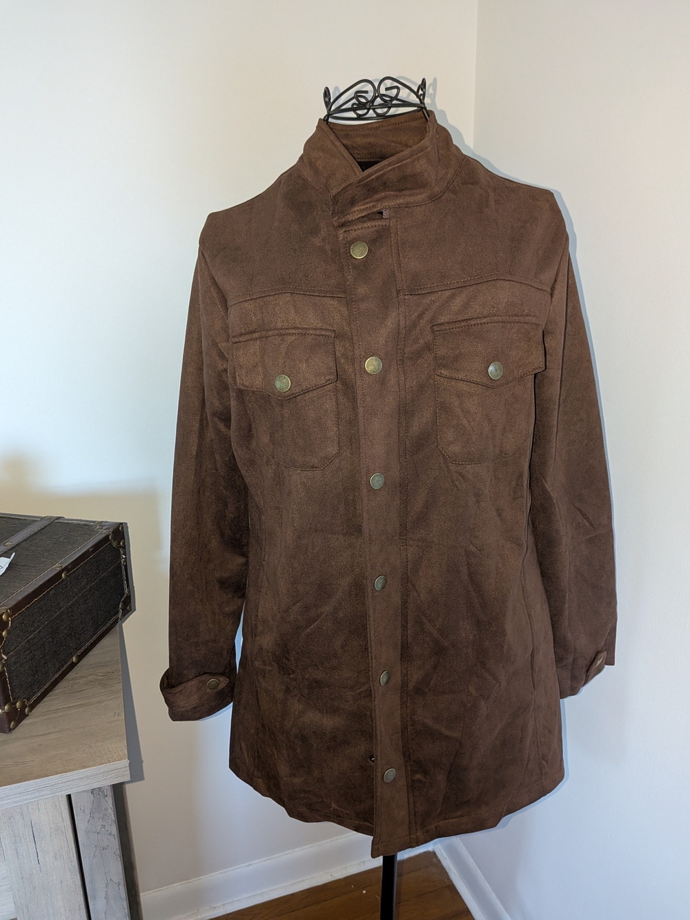 DAXIDA  Brown Faux Suede Snap Front Utility Shacket Jacket Medium Length